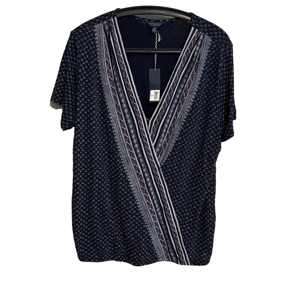Lucky Brand Geometric Print Surplice V-Neck Top L NWT Casual Boho Lightweight